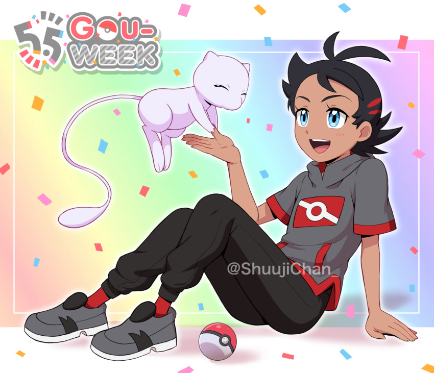 1boy :d antenna_hair arm_support bangs black_hair black_pants blue_eyes blush character_name commentary_request confetti eyelashes framed goh_(pokemon) grey_footwear grey_shirt male_focus mew open_mouth pants poke_ball poke_ball_(basic) pokemon pokemon_(anime) pokemon_(creature) pokemon_swsh_(anime) red_legwear sara_bonetti shirt shoes short_hair short_sleeves sitting smile socks teeth tongue twitter_username upper_teeth watermark