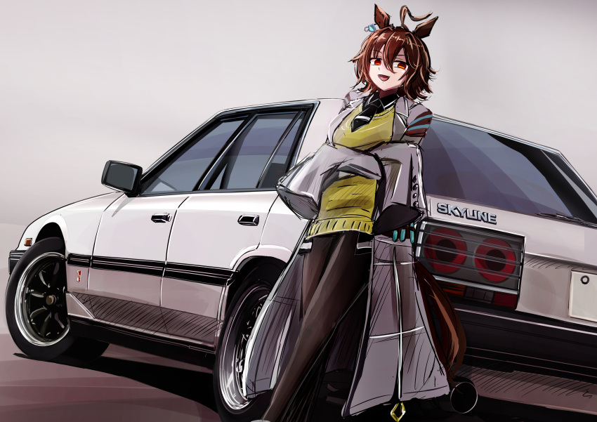 1girl 3books absurdres agnes_tachyon_(umamusume) animal_ears black_legwear black_necktie brown_hair car cowlick grey_jacket ground_vehicle highres horse_ears horse_girl jacket motor_vehicle necktie nissan_skyline open_mouth pantyhose red_eyes short_hair short_necktie smile tail_lights umamusume vest yellow_vest