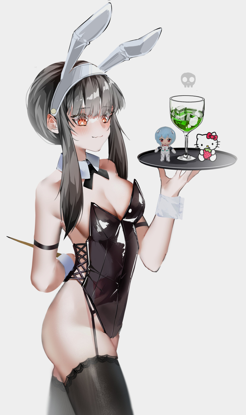 1girl absurdres alcohol animal_ears ass asymmetrical_breasts ayanami_rei bangs black_hair black_legwear black_leotard blunt_bangs blush breasts brown_eyes cleavage cup detached_collar drinking_glass eyebrows_visible_through_hair fake_animal_ears fumo_(doll) garter_straps groin hello_kitty_(character) highres holding holding_tray ice ice_cube lace-trimmed_legwear lace_trim leotard medium_breasts moonchii neck_ribbon playboy_bunny poison rabbit_ears ribbon short_hair_with_long_locks sidelocks simple_background skindentation skull smile solo spy_x_family standing strapless strapless_leotard thighhighs tray waitress white_background wine_glass wrist_cuffs yor_briar