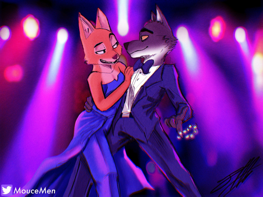 anthro canid canine canis clothed clothing dancing diane_foxington dr. dreamworks dress duo female fox hi_res male mammal mouce mr._wolf_(the_bad_guys) the_bad_guys wolf