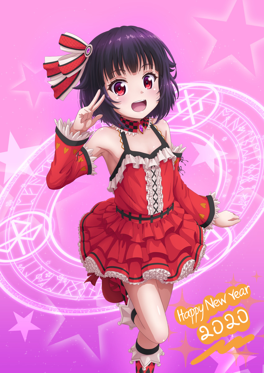 1girl 2020 absurdres armpits bangs black_hair blush bow breasts center_frills cleavage detached_collar detached_sleeves dress frilled frills hair_bow happy_new_year heart heart_print highres magic_circle magical_girl nengajou new_year open_mouth original red_dress red_eyes rere_(rere_tim) short_dress short_hair shoulder_strap small_breasts solo standing standing_on_one_leg star_(symbol) teeth underskirt upper_teeth