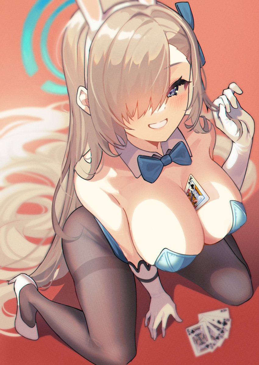 1girl \||/ animal_ears aqua_leotard asuna_(blue_archive) asuna_(bunny_girl)_(blue_archive) bangs bare_shoulders between_breasts black_legwear blue_archive blurry blush bow bowtie breasts collarbone commentary_request covered_nipples curled_fingers detached_collar eyelashes fake_animal_ears forehead from_above gloves hair_over_one_eye halo high_heels highres king_of_clubs kneeling large_breasts leotard long_bangs long_hair looking_at_viewer no_bra nuo_nuomi_ci official_alternate_costume pantyhose shadow smile solo spread_legs strapless strapless_leotard teeth very_long_hair white_footwear white_gloves