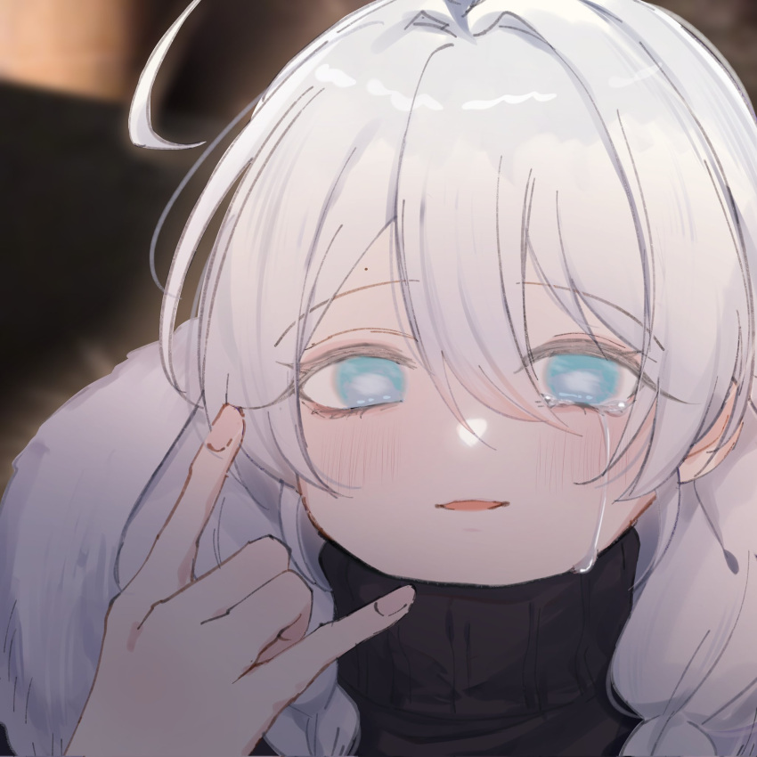 1girl ahoge aoirnn blue_eyes blurry blurry_background crying crying_with_eyes_open eyebrows_visible_through_hair eyes_visible_through_hair face fingernails hair_between_eyes highres light_blue_eyes long_hair original parted_lips solo tears turtleneck upper_body