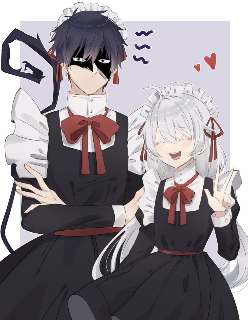 1boy 1girl ahoge alternate_costume ao_no_exorcist aoirnn blue_eyes blush border bow closed_eyes crossed_arms enmaided eyebrows_visible_through_hair grey_hair hair_between_eyes hair_ribbon heart highres long_hair looking_at_viewer maid maid_headdress mole okumura_rin open_mouth original pointy_ears red_bow ribbon shaded_face tail teeth w white_border