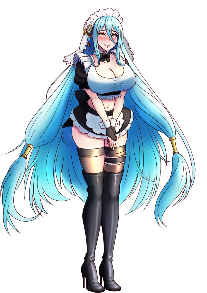 absurdres alternate_breast_size apron azura_(fire_emblem) blue_hair boots breasts cleavage fingerless_gloves fire_emblem fire_emblem_fates fire_emblem_heroes frilled_skirt frilled_sleeves frills full_body gloves hair_between_eyes hair_ornament high_heel_boots high_heels highres jewelry knee_boots kneehighs large_breasts long_hair maid maid_apron maid_headdress midriff miniskirt skirt thigh_strap thighhighs very_long_hair will_(willanator93) yellow_eyes