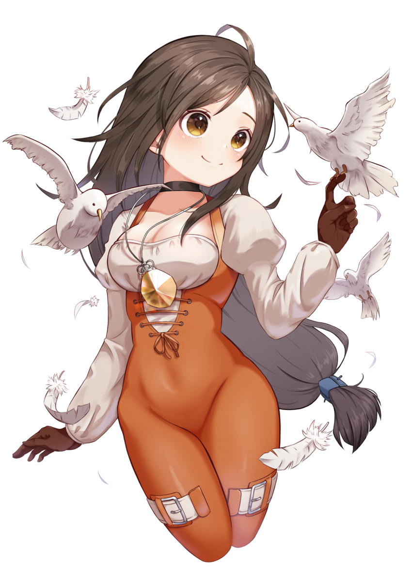 1girl asymmetrical_bangs bangs bird blush bodysuit breasts brown_eyes brown_hair choker falling_feathers final_fantasy final_fantasy_ix garnet_til_alexandros_xvii gloves highres jewelry lace-up_top long_hair low-tied_long_hair medium_breasts orange_bodysuit pendant puffy_sleeves shirt smile solo thigh_strap upper_body usami_(usami_l) white_background white_shirt