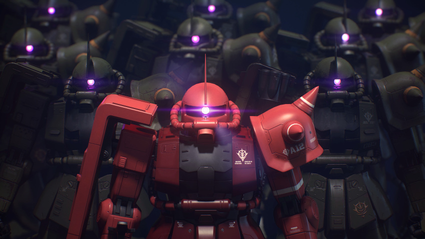 3d absurdres army emblem english_commentary glowing glowing_eye gun gundam hangar highres looking_at_viewer magiccoffee mecha mobile_suit mobile_suit_gundam purple_eyes radio_antenna realistic roundel science_fiction shield single_eye spikes weapon zaku zaku_ii_s_char_custom zeon