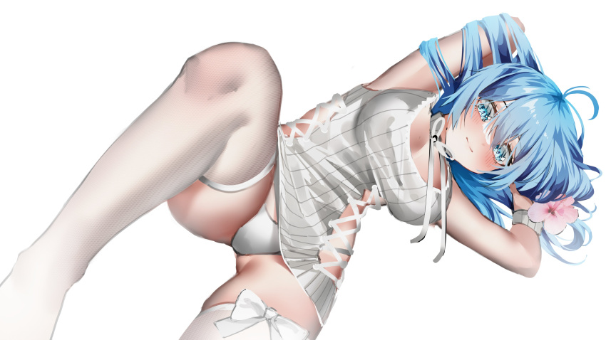 1girl absurdres antenna_hair aqua_eyes armpits arms_behind_head blue_hair blush bow bow_legwear breasts cleavage cleavage_cutout clothing_cutout clothing_request eyebrows_visible_through_hair flower flower_request hair_between_eyes hair_flower hair_ornament highres indie_virtual_youtuber long_hair looking_at_viewer lying medium_breasts moonchii nami_miyahara neck_ribbon on_side panties pantyshot pink_flower ribbon simple_background skindentation smile solo sweater thighhigh_bow thighhighs thighs underbutt underwear virtual_youtuber white_background white_bow white_legwear white_panties wristband
