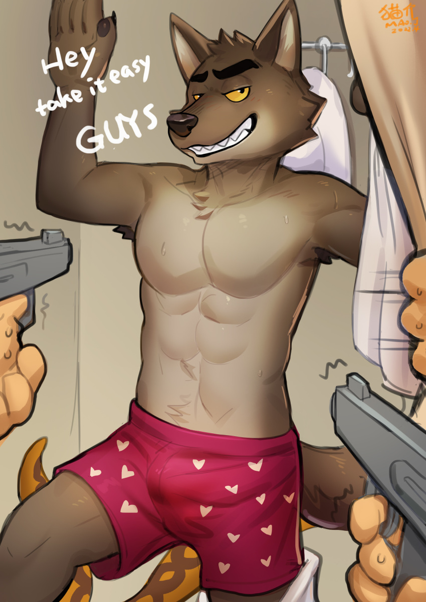 &lt;3 absurd_res anthro armpit_hair arms_above_head bodily_fluids body_hair brown_body brown_fur brown_scales bulge canid canine canis clothed clothing curtains dialogue dreamworks dressing_room_(disambiguation) duo fur gun hanging_clothing heart_clothing hi_res male mammal mao.j mr._snake_(the_bad_guys) mr._wolf_(the_bad_guys) muscular muscular_anthro muscular_male orange_body orange_scales pawpads ranged_weapon reptile scales scalie shaking shirtless smile smiling_at_viewer snake surrendering sweat sweatdrop sweaty_hands the_bad_guys underwear underwear_only weapon wolf yellow_eyes