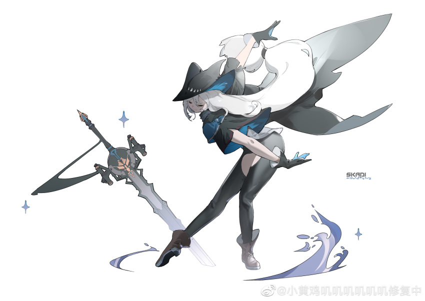 1girl absurdres arknights black_gloves black_headwear black_legwear dancing gloves grey_hair highres long_hair shinnasuka025 skadi_(arknights) sword weapon