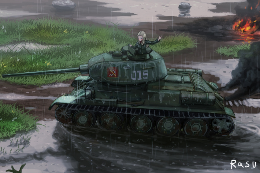 1girl arm_up artist_name blonde_hair blue_eyes clara_(girls_und_panzer) commentary_request dnjd15411541 emblem girls_und_panzer green_jacket ground_vehicle jacket korean_commentary long_hair long_sleeves military military_vehicle motor_vehicle pravda_(emblem) pravda_military_uniform rain red_shirt shirt solo t-34 t-34-85 tank turtleneck