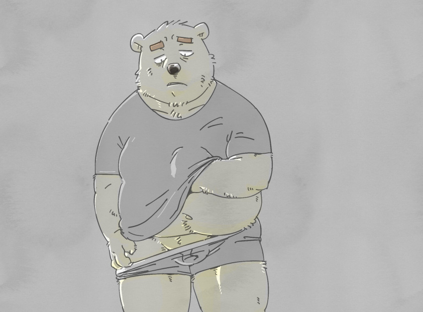 2022 anthro belly big_belly bulge clothing hi_res humanoid_hands kemono male mammal overweight overweight_male pommn_mn shirt simple_background solo tired topwear underwear ursid
