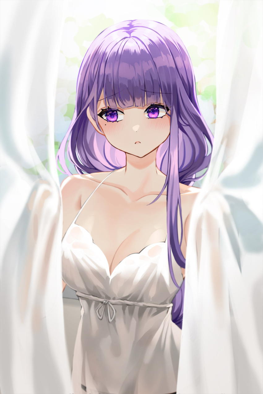 1girl absurdres bare_shoulders breasts chemise closed_mouth collarbone curtains embarrassed genshin_impact highres holding looking_away medium_breasts mole mole_under_eye purple_eyes purple_hair raiden_shogun sleeveless solo spaghetti_strap ueng upper_body