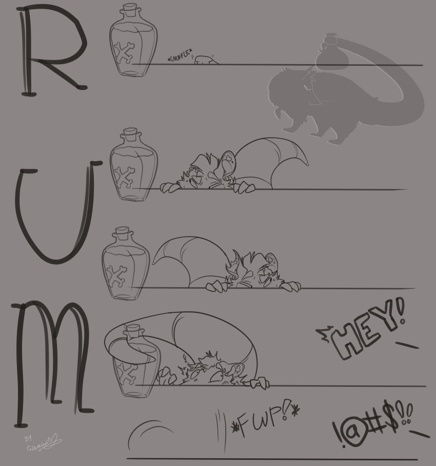 absurd_res alcohol anthro beverage caught comic didelphid english_text hi_res humor long_tail male mammal marsupial possumgod rum ryder_the_pirate_(possumgod) shocked sketch sneaking sniffing solo stealing tail_grabbing_object text