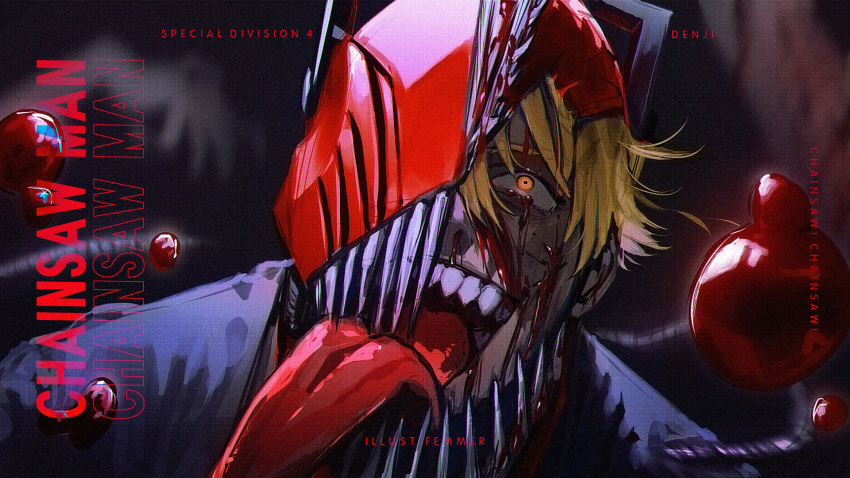 1girl artist_name bleeding bleeding_from_forehead blonde_hair blood blood_on_face blood_splatter chainsaw chainsaw_devil chainsaw_man denji_(chainsaw_man) femmerquq formal glowing glowing_eyes highres open_mouth sharp_teeth solo suit teeth tongue tongue_out yellow_eyes