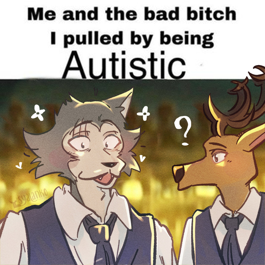 2022 absurd_res anthro anthro_on_anthro antlers beastars blurred_background canid canine canis cervid clothed clothing dress_shirt duo english_text eyebrows fur hi_res horn humor legoshi_(beastars) looking_at_another louis_(beastars) male male/male mammal meme necktie notched_ear open_mouth open_smile pourwatter question_mark scar shirt smile standing star teeth text tongue topwear tuft vest wolf