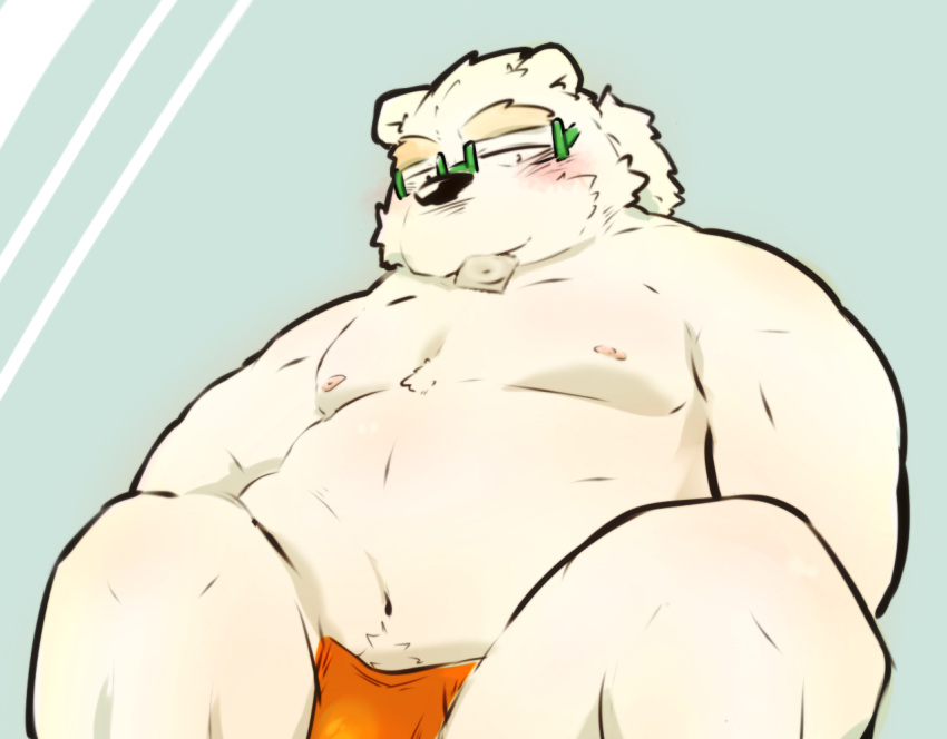 2022 anthro belly big_belly blush bulge clothing condom condom_in_mouth eyewear glasses kemono leib_(tas) lifewonders male mammal moobs navel nipples overweight overweight_male polar_bear sexual_barrier_device solo tokyo_afterschool_summoners torausimuma7 underwear ursid ursine video_games white_body