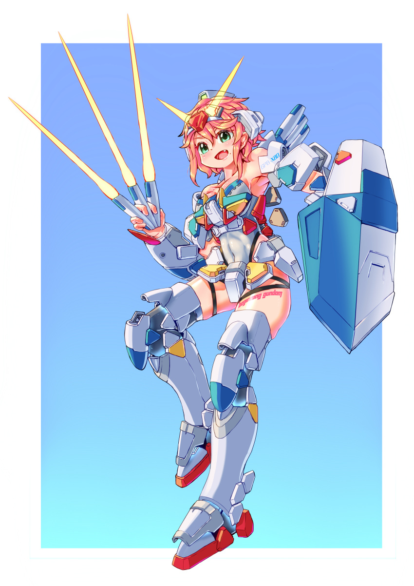 1girl absurdres ag_00000 armpits bangs beginning_gundam blue_background boots border breasts cleavage collarbone covered_navel energy_weapon fang green_eyes gundam gunpla_builders_beginning_g highres holding holding_knife knife leotard mecha_musume medium_breasts metal_boots open_mouth outside_border personification pink_hair shield short_hair smile solo thigh_boots thigh_strap thighhighs v-fin white_border white_leotard
