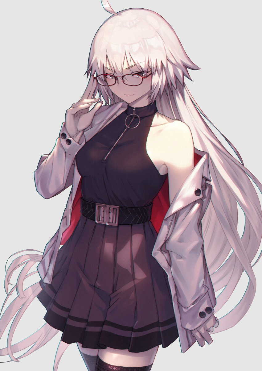 1girl absurdres ahoge bangs belt black_dress black_legwear breasts dress fate/grand_order fate_(series) glasses grey_hair highres jacket jeanne_d'arc_alter_(fate) large_breasts long_hair long_sleeves looking_at_viewer nakanishi_tatsuya off_shoulder open_clothes open_jacket smile solo thighhighs thighs very_long_hair white_jacket yellow_eyes zipper