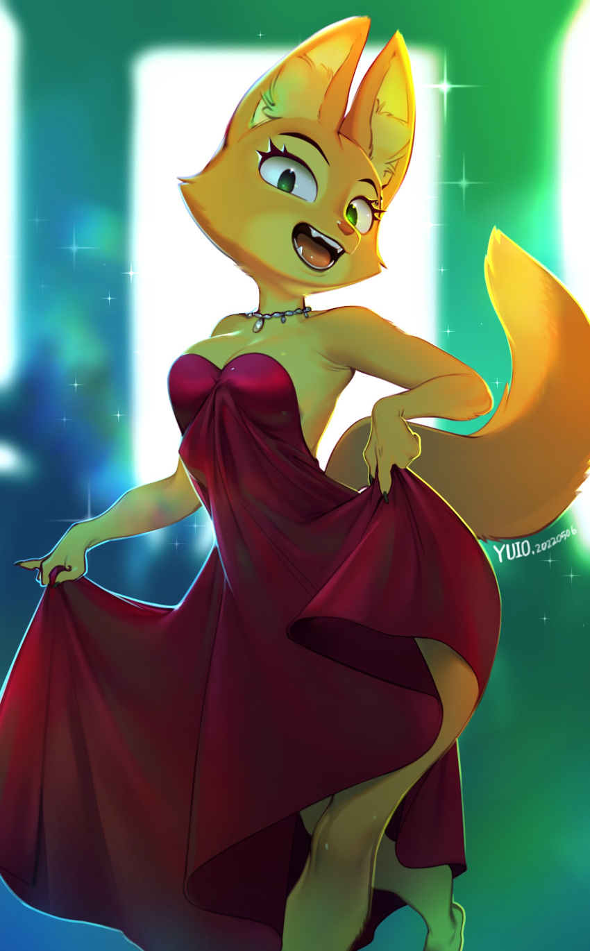 absurd_res anthro breasts canid canine canis cheek_tuft clothed clothing cocktail_dress diane_foxington digital_media_(artwork) dreamworks dress eyebrow_piercing facial_piercing facial_tuft fangs female fingers fox fully_clothed fur green_eyes half-closed_eyes hi_res inner_ear_fluff jewelry mammal narrowed_eyes neck_tuft necklace orange_body orange_fur piercing pink_clothing pink_dress pink_nose smile solo standing tan_body tan_fur the_bad_guys tuft yuio