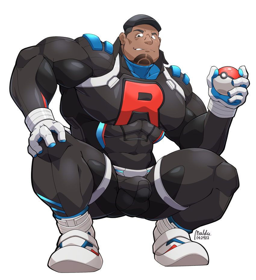 absurdres bara cliff_(pokemon) evil_smile gloves highres maldu_(chokeylover) muscular muscular_male poke_ball skin_tight smile squatting tan team_rocket thick_thighs thighs white_gloves