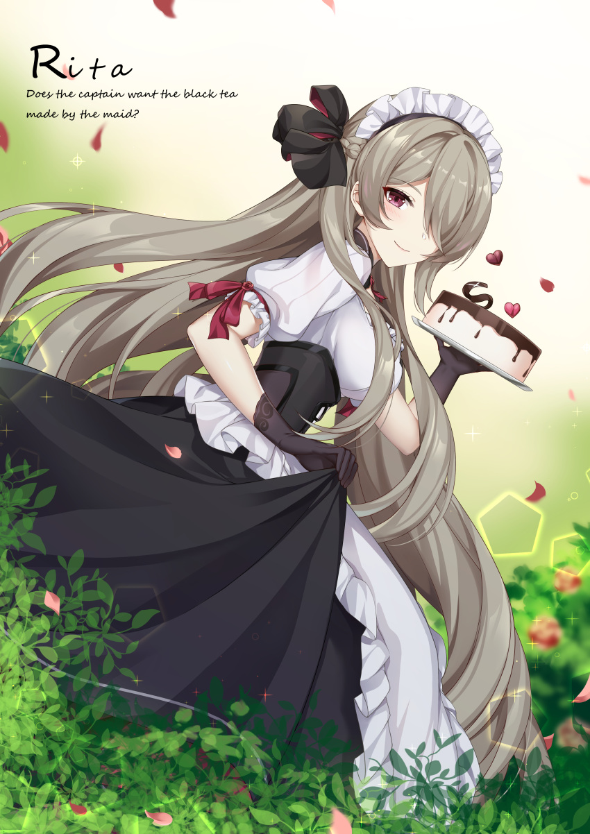1girl absurdres apron bangs black_dress black_gloves brown_hair cake cen_(cenll) closed_mouth dress food frilled_apron frills gloves grass hair_over_one_eye highres holding holding_plate honkai_(series) honkai_impact_3rd looking_at_viewer maid maid_apron maid_headdress outdoors petals plate purple_eyes purple_hair rita_rossweisse short_sleeves smile solo