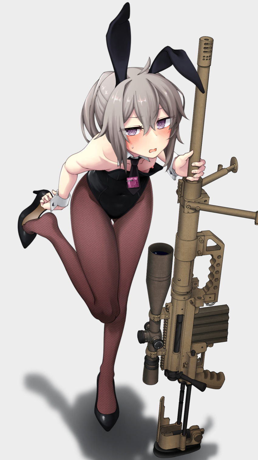 1girl absurdres adjusting_clothes adjusting_shoe animal_ears bipod black_leotard blush bolt_action breasts cheytac_m200 cleavage condom eyebrows_visible_through_hair fake_animal_ears girls'_frontline grey_hair gun high_heels highres holding holding_gun holding_weapon leotard long_hair m200_(girls'_frontline) nakiusagi necktie nipple_slip nipples open_mouth oversized_breast_cup pantyhose playboy_bunny purple_eyes rabbit_ears red_necktie rifle shadow short_hair_with_long_locks short_ponytail sidelocks small_breasts sniper_rifle sniper_scope solo standing standing_on_one_leg weapon wrist_cuffs