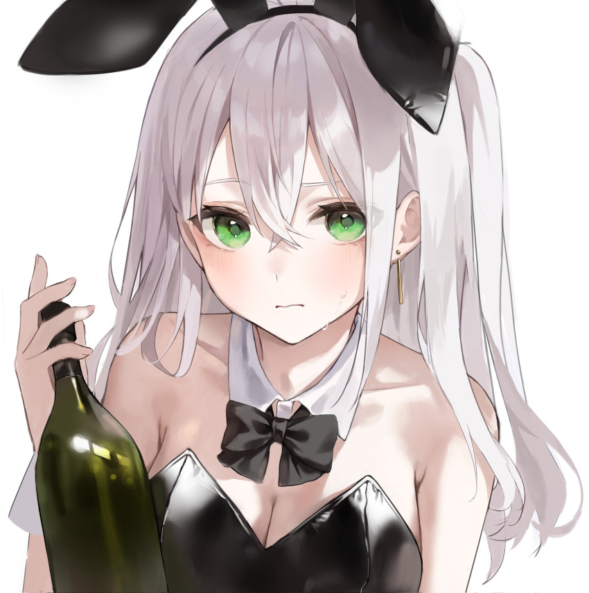 1girl alcohol animal_ears bangs bare_shoulders black_bow black_bowtie black_leotard bow bowtie breasts cleavage collarbone earrings green_eyes highres jewelry knowa large_breasts leotard long_hair looking_at_viewer original parted_bangs playboy_bunny rabbit_ears simple_background solo sweat white_background white_hair wine wrist_cuffs