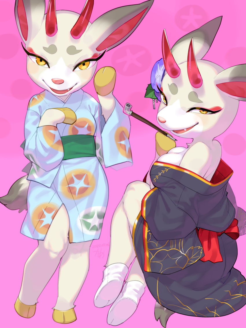 2022 absurd_res animal_crossing anthro asian_clothing biped breasts cervid cleavage clothed clothing digital_media_(artwork) east_asian_clothing female hi_res hooves horn japanese_clothing kame_3 kimono looking_at_viewer mammal nintendo pink_background pipe red_horn shino_(animal_crossing) simple_background smile solo video_games yellow_eyes