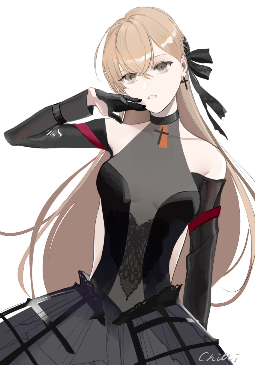 1girl absurdres bare_shoulders black_dress black_gloves breasts chilli_646 choker collarbone dress earrings girls'_frontline gloves highres jewelry light_brown_eyes light_brown_hair long_hair medium_breasts mod3_(girls'_frontline) parted_lips ppk_(girls'_frontline) see-through solo very_long_hair