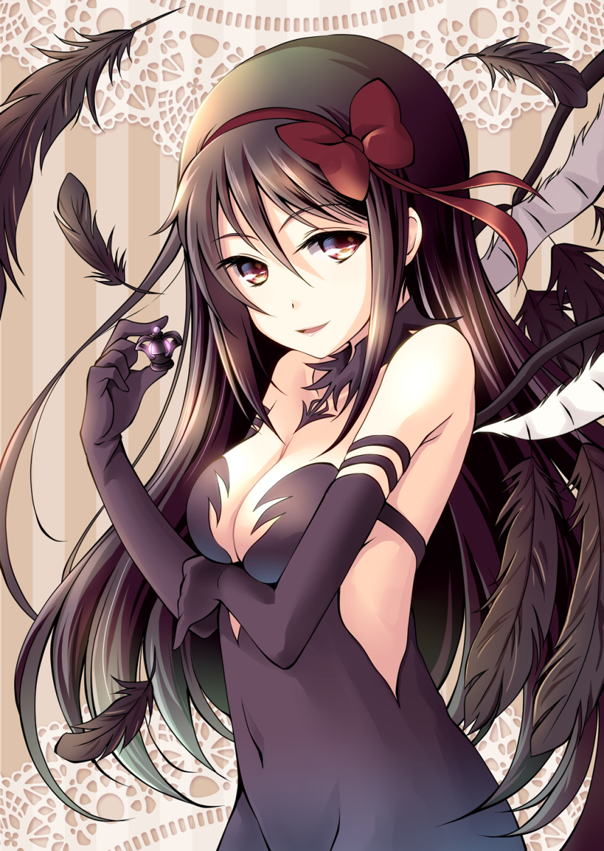 1girl akemi_homura akuma_homura arm_under_breasts bangs bare_shoulders black_feathers black_gloves black_hair black_wings bow breast_hold breasts cleavage commentary_request covered_navel cowboy_shot dark_orb_(madoka_magica) elbow_gloves feathers from_side gloves groin hair_bow highres hikaru_310 lace_background long_hair looking_at_viewer looking_to_the_side mahou_shoujo_madoka_magica medium_breasts parted_lips purple_eyes red_bow side_slit smile solo wings