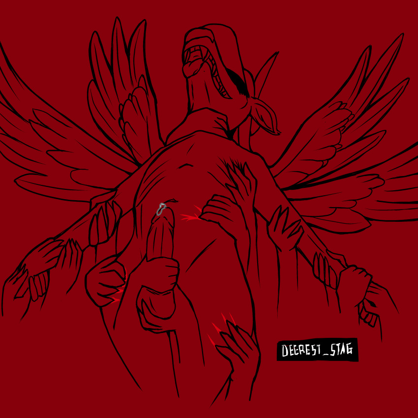 absurd_res anthro asphyxiation blood bodily_fluids bound cervid choking clothing deerest_stag digital_media_(artwork) dripping erection feathered_wings feathers fur genital_fluids genitals gore hat headgear headwear hi_res horn male mammal nude open_mouth penis precum precum_drip scratches simple_background smile solo solo_focus spread_wings tongue tongue_out wings