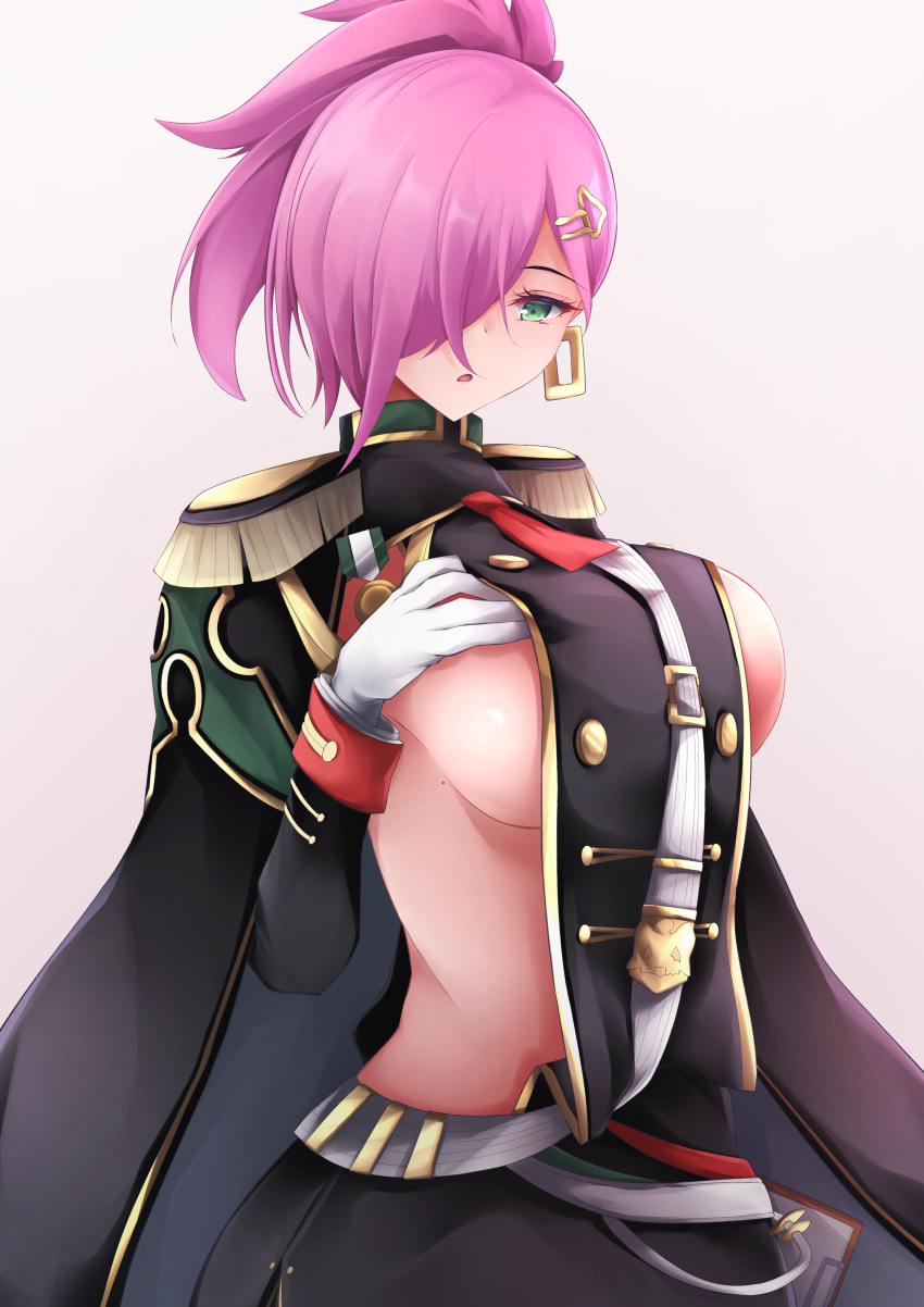 1girl absurdres aiguillette azur_lane black_cape black_skirt breasts cape cowboy_shot earrings epaulettes gloves gold_trim hair_over_one_eye hand_on_own_chest highres jewelry large_breasts long_hair looking_at_viewer osatou_(soul_of_sugar) oversized_clothes pink_hair shirt_overhang sideboob simple_background skirt solo trieste_(azur_lane) white_background white_gloves