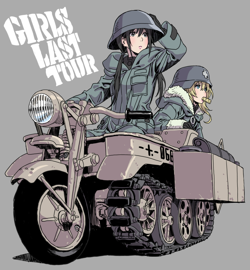 2girls absurdres black_eyes black_hair blonde_hair blue_eyes brodie_helmet caterpillar_tracks chito_(shoujo_shuumatsu_ryokou) coat copyright_name green_coat grey_background half-track handlebar helmet highres kettenkrad looking_to_the_side military military_helmet military_uniform military_vehicle mouth_hold multiple_girls shoujo_shuumatsu_ryokou sitting stahlhelm twintails uniform yamashita_shun'ya yuuri_(shoujo_shuumatsu_ryokou)