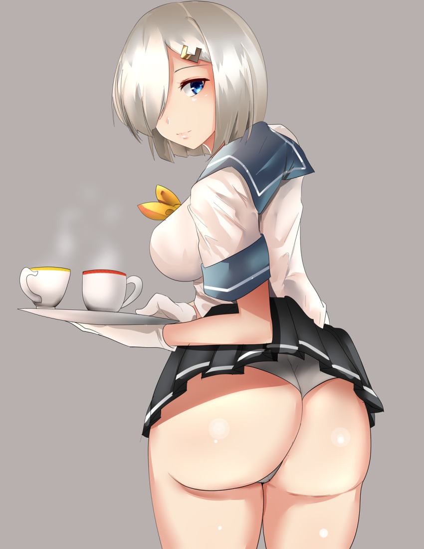 1girl ass blue_eyes blue_sailor_collar breasts closed_mouth cup from_behind gloves grey_hair hair_ornament hair_over_one_eye hairclip hamakaze_(kancolle) highres hizagawa_rau holding holding_tray kantai_collection large_breasts light_smile looking_at_viewer looking_back neckerchief panties sailor_collar school_uniform serafuku shirt short_hair sideboob simple_background solo steam tray underwear white_gloves white_panties white_shirt yellow_neckerchief