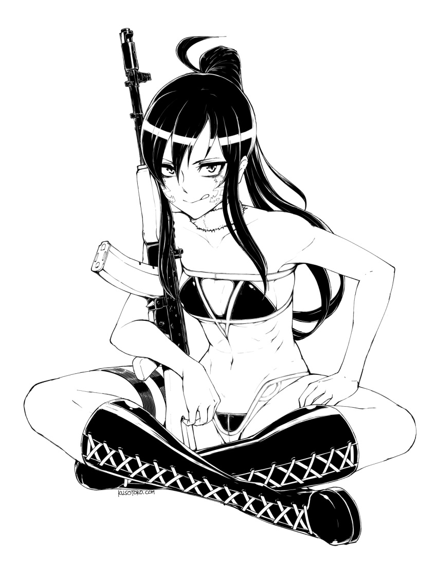 1girl ak-74 assault_rifle bangs bikini boots breasts clip_studio_paint_(medium) english_commentary greyscale gun highres holding holding_gun holding_weapon indian_style kalashnikov_rifle kuso_otoko licking_lips long_hair monochrome pitohui_(sao) ponytail rifle sitting small_breasts smile solo swimsuit sword_art_online sword_art_online_alternative:_gun_gale_online thigh_boots thighhighs tongue tongue_out weapon white_background