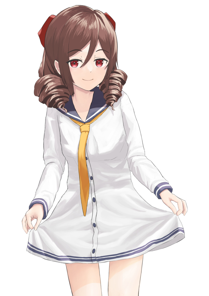 1girl bow breasts brown_hair cosplay cowboy_shot dress drill_hair hair_bow harukaze_(kancolle) highres kantai_collection long_sleeves neckerchief red_bow red_eyes sailor_dress small_breasts smile solo standing twin_drills white_background yellow_neckerchief yuki_4040 yukikaze_(kancolle) yukikaze_(kancolle)_(cosplay)