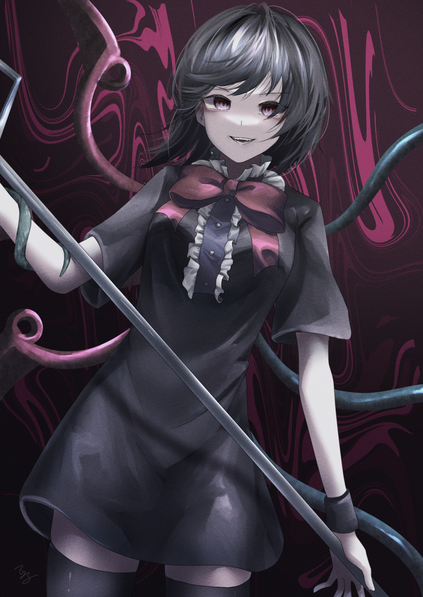 1girl :d absurdres asymmetrical_wings black_dress black_hair black_legwear bow bowtie dress highres holding houjuu_nue looking_at_viewer polearm red_bow red_eyes short_dress short_hair short_sleeves signature smile snake solo t_terano teeth thighhighs touhou trident weapon wings zettai_ryouiki