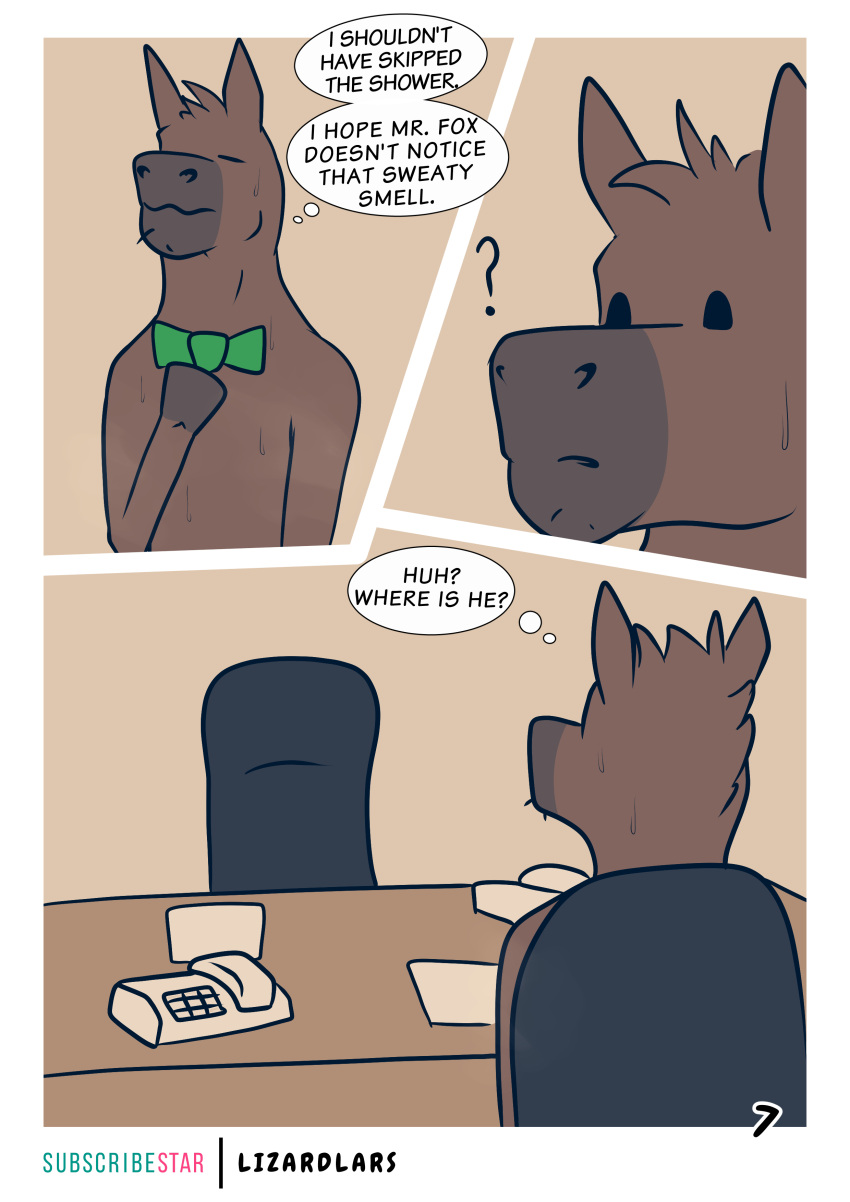 absurd_res anthro bodily_fluids bow_tie chair comic desk english_text equid equine furniture hi_res horse lizardlars male mammal office office_chair phone question_mark solo sweat table text thought_bubble