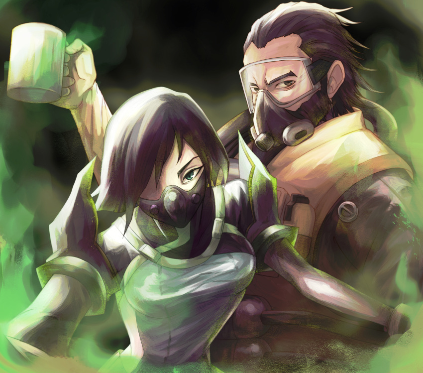 1boy 1girl apex_legends bangs beard black_background breasts brown_eyes brown_hair caustic_(apex_legends) commentary_request crossover cup facial_hair gas_mask goggles green_eyes hair_behind_ear hair_slicked_back hajime_(hihumikara) hazmat_suit highres holding holding_cup mask medium_breasts mouth_mask mug one_eye_covered partial_commentary power_connection short_hair smoke valorant viper_(valorant)