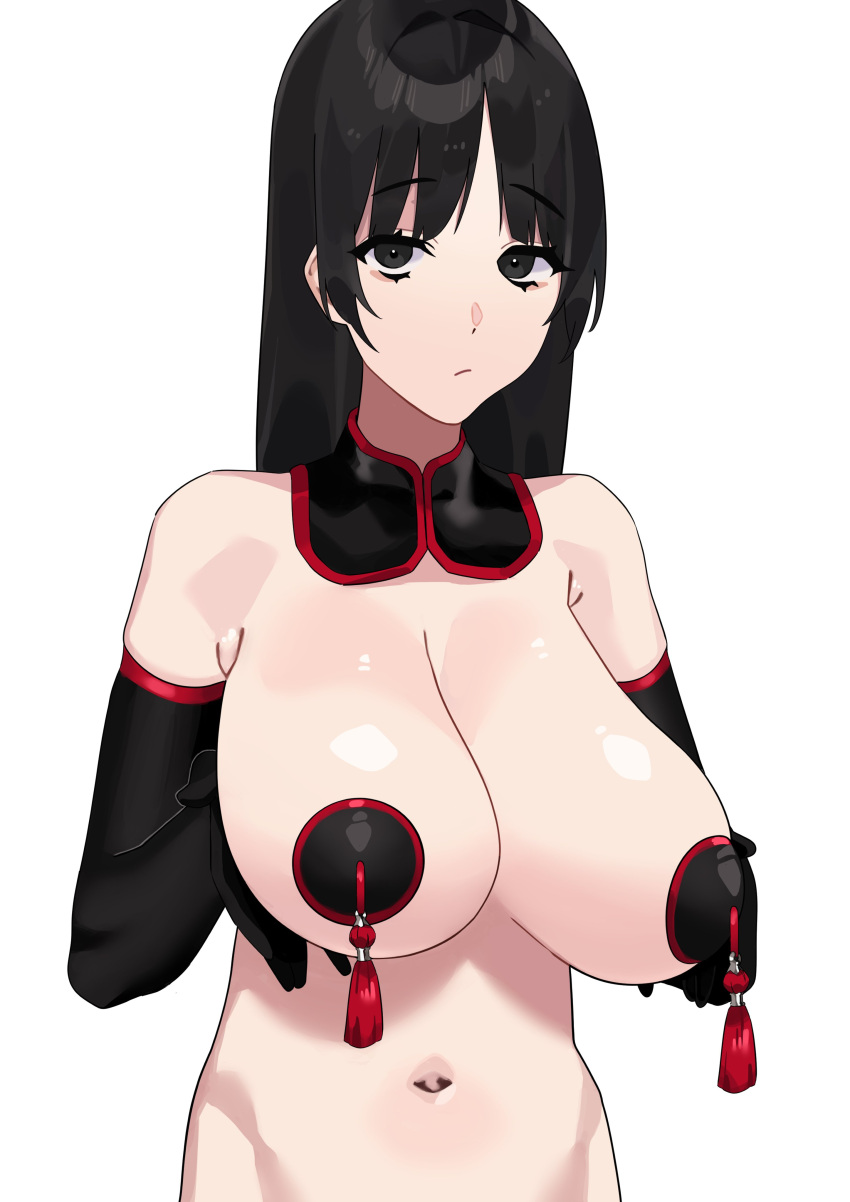 1girl absurdres bangs bare_shoulders black_hair black_pasties breast_hold breasts commentary_request detached_collar elbow_gloves eyebrows_visible_through_hair fffukuzawa frown gloves highres large_breasts long_hair looking_at_viewer navel original pasties simple_background solo tassel upper_body white_background