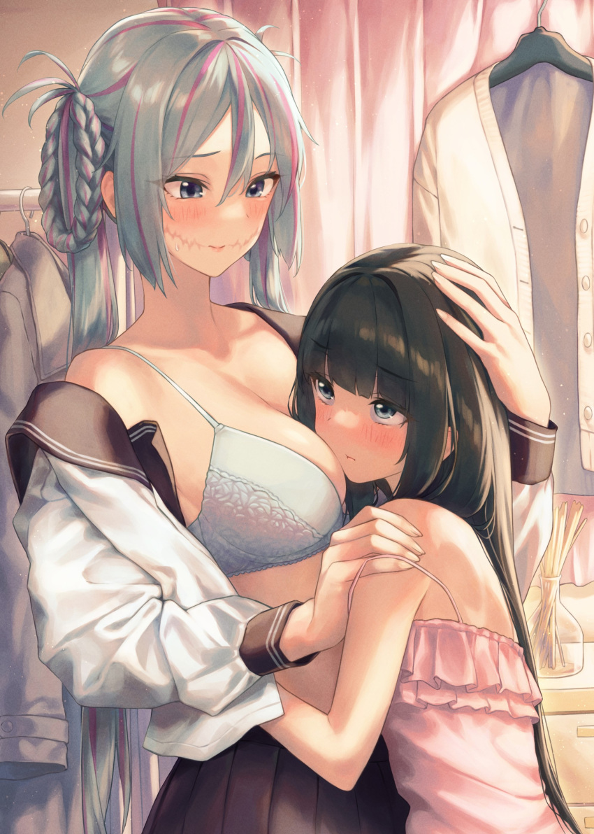 2girls absurdres banana_oekaki bangs bare_shoulders black_hair black_skirt blue_eyes blunt_bangs blush bra braid breasts character_request cleavage closed_mouth clothes_hanger collarbone dress eye_contact frilled_dress frills glasgow_smile grey_bra grey_hair hair_between_eyes hair_rings hand_on_another's_shoulder head_on_chest highres hug indoors large_breasts long_hair long_sleeves looking_at_another looking_up multicolored_hair multiple_girls off_shoulder open_clothes open_shirt pink_dress pink_hair pleated_skirt scar scar_on_face school_uniform serafuku shirt skirt sleeveless sleeveless_dress smile strap_slip streaked_hair twintails two-tone_hair underwear urasekai_picnic urumi_luna very_long_hair white_shirt