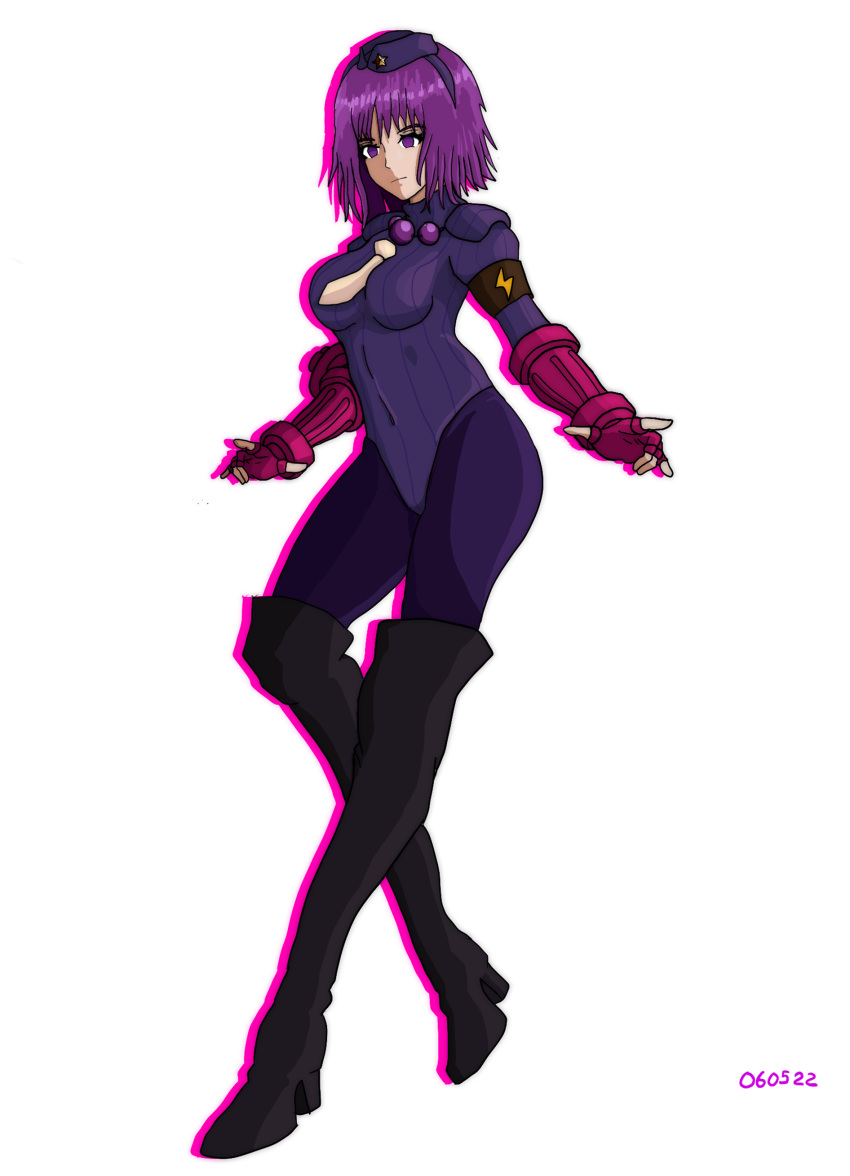 absurdres asamiya_athena bad_end bodysuit boots capcom corruption crossover highres leather leather_boots mind_control necktie pantyhose purple_eyes purple_hair shadaloo_dolls snk street_fighter the_king_of_fighters