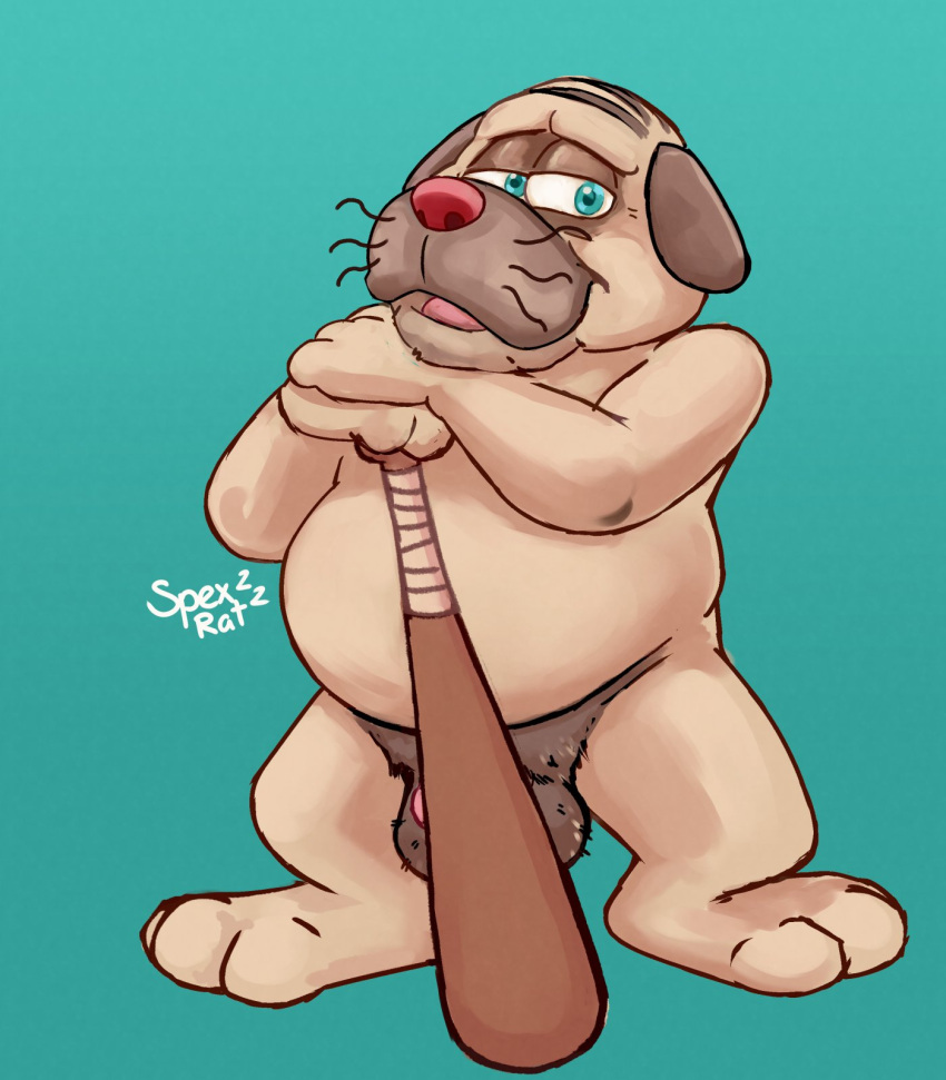 2022 anthro balls baseball_bat bat_(object) belly big_belly blue_background blue_eyes canid canine canis domestic_dog genitals hi_res male mammal mature_male overweight overweight_male penis rusty's_real_deal_baseball rusty_(rrdb) simple_background solo spectral-bat