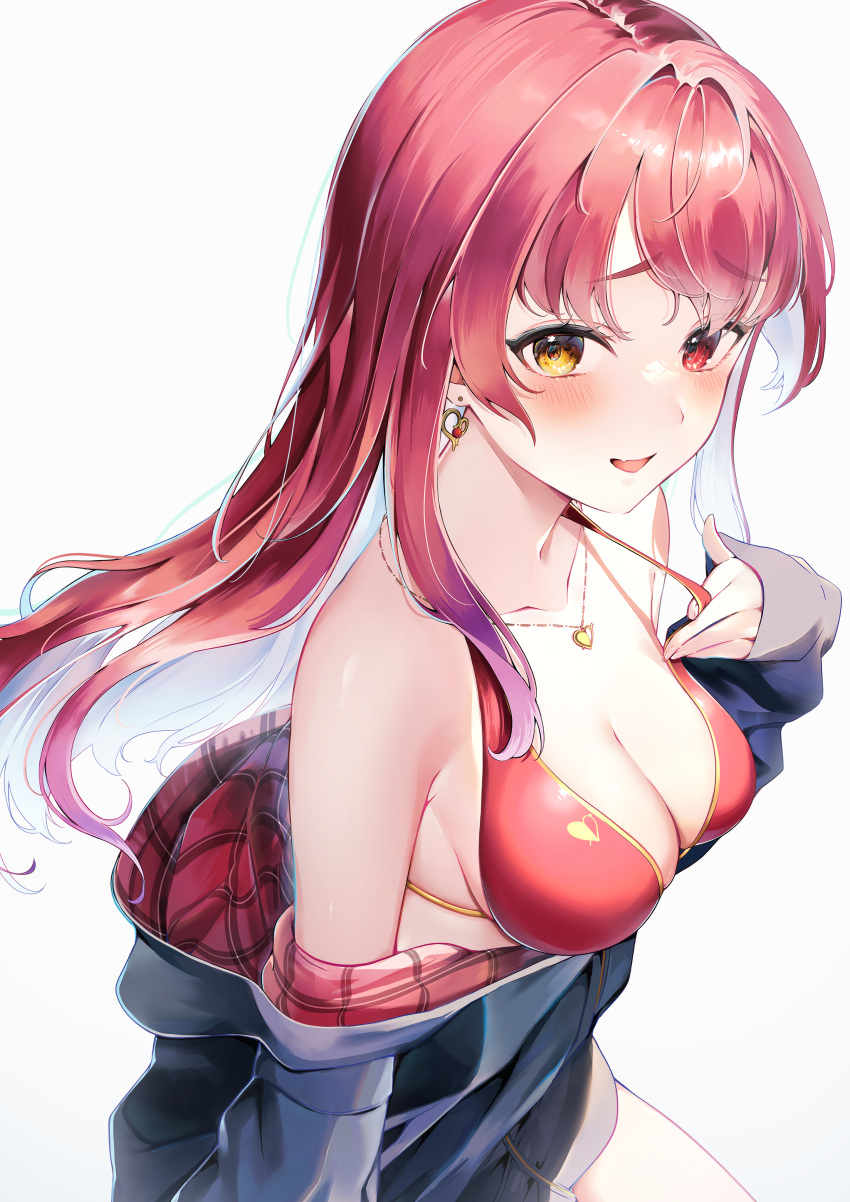 1girl :d absurdres bare_shoulders bikini bikini_top_only black_jacket blush breasts cleavage collarbone earrings fang from_side gold_earrings gold_necklace hair_down heart heart_earrings heart_necklace heterochromia highres hololive houshou_marine jacket jewelry long_hair looking_at_viewer looking_to_the_side medium_breasts miyato_miya open_mouth plaid plaid_jacket pulled_by_self raised_eyebrows red_eyes red_hair skindentation smile solo straight_hair strap_pull swimsuit two-sided_fabric two-sided_jacket virtual_youtuber yellow_eyes