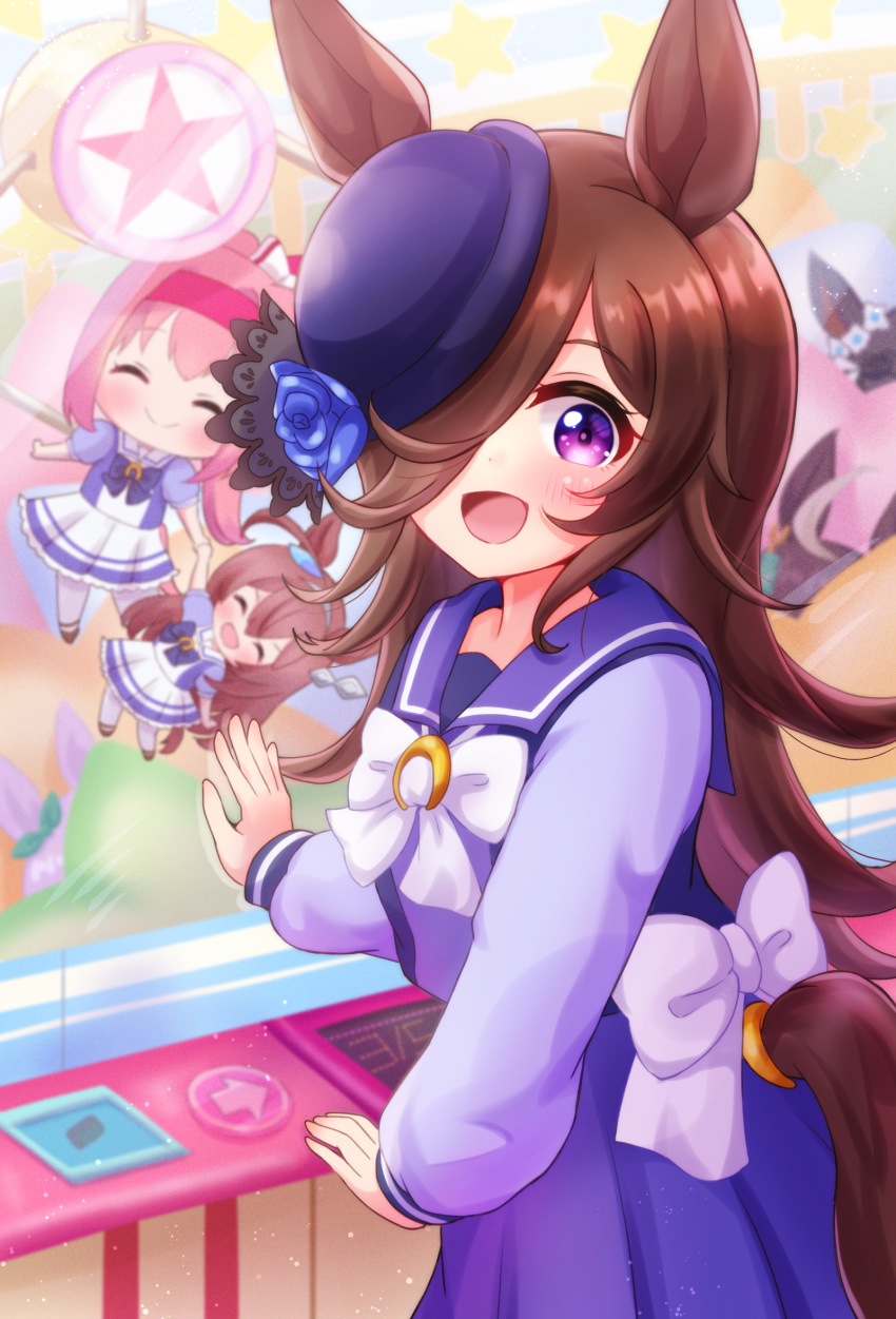 1girl :d blush bow bowler_hat brown_hair character_doll commentary crane_game flipped_hair hair_over_one_eye hand_on_glass happy haru_urara_(umamusume) hat highres horse_girl long_hair long_sleeves looking_at_viewer mihono_bourbon_(umamusume) open_mouth purple_eyes purple_headwear purple_sailor_collar purple_shirt purple_skirt rice_shower_(umamusume) ritaso sailor_collar school_uniform shirt skirt smile solo tail tail_through_clothes tracen_school_uniform twisted_torso umamusume white_bow winter_uniform