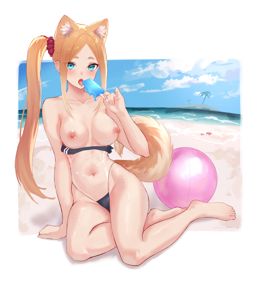 1girl absurdres animal_ears aqua_eyes areolae ball bangs barefoot beachball blush breasts breasts_out cleavage cloud covered_navel dog_ears dog_girl dog_tail english_commentary food fran_(gudanco_(nyanmeowzer)) full_body gris_swimsuit gudanco_(nyanmeowzer) hair_behind_ear highres holding holding_food island long_hair looking_at_viewer meme meme_attire nipples one-piece_swimsuit open_mouth original palm_tree parted_bangs popsicle side_ponytail sitting sky smile solo strapless strapless_swimsuit swimsuit tail thick_eyebrows toes tongue tongue_out tree yokozuwari