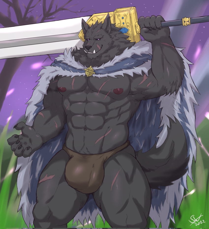 2022 abs anthro armpit_hair big_bulge black_sclera blaidd_(elden_ring) body_hair bulge canid canine canis claws cloak clothing elden_ring facial_scar fangs finger_claws fromsoftware fur greatsword grey_body grey_fur hi_res holding_object holding_sword holding_weapon looking_at_viewer male mammal melee_weapon muscular muscular_anthro muscular_male navel nickgray nipples pecs purple_eyes scar scars_all_over solo sword underwear video_games weapon wolf