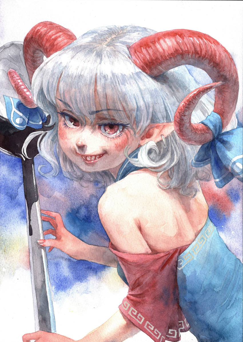 1girl bare_shoulders blush breasts earrings fangs grin highres horn_ornament horn_ribbon horns jewelry lips long_hair looking_at_viewer looking_back misawa_hiroshi off_shoulder open_mouth pointy_ears red_eyes ribbon sharp_teeth simple_background small_breasts smile solo spoon teeth touhou toutetsu_yuuma traditional_media