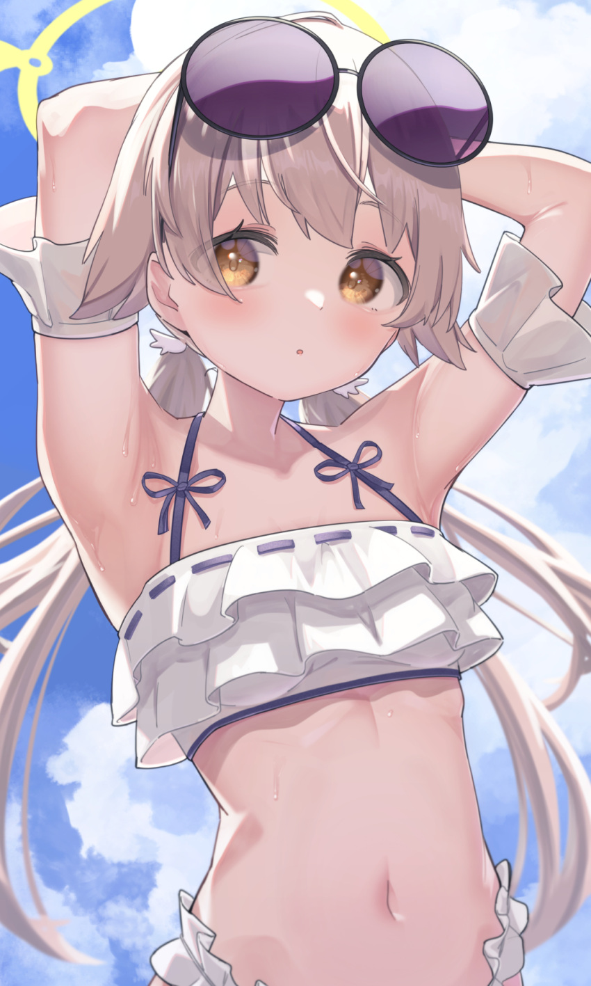 1girl :o armpits arms_up bikini blonde_hair blue_archive blue_sky blush cloud day eyewear_on_head flat_chest frilled_armband frilled_bikini frills halo hifumi_(blue_archive) hifumi_(swimsuit)_(blue_archive) highres long_hair looking_away namaonpa navel outdoors sky solo sunglasses sweatdrop swimsuit tinted_eyewear twintails upper_body very_long_hair yellow_eyes